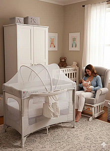 לול רשת משולב 4 ב 1 Baby Hub לול, עריסה מתחברת, משטח החתלה ומיטת קמפינג עם דופן עולה / יורדת לול רשת משולב 4 ב 1 Baby Hub לול, עריסה מתחברת, משטח החתלה ומיטת קמפינג עם דופן עולה / יורדת